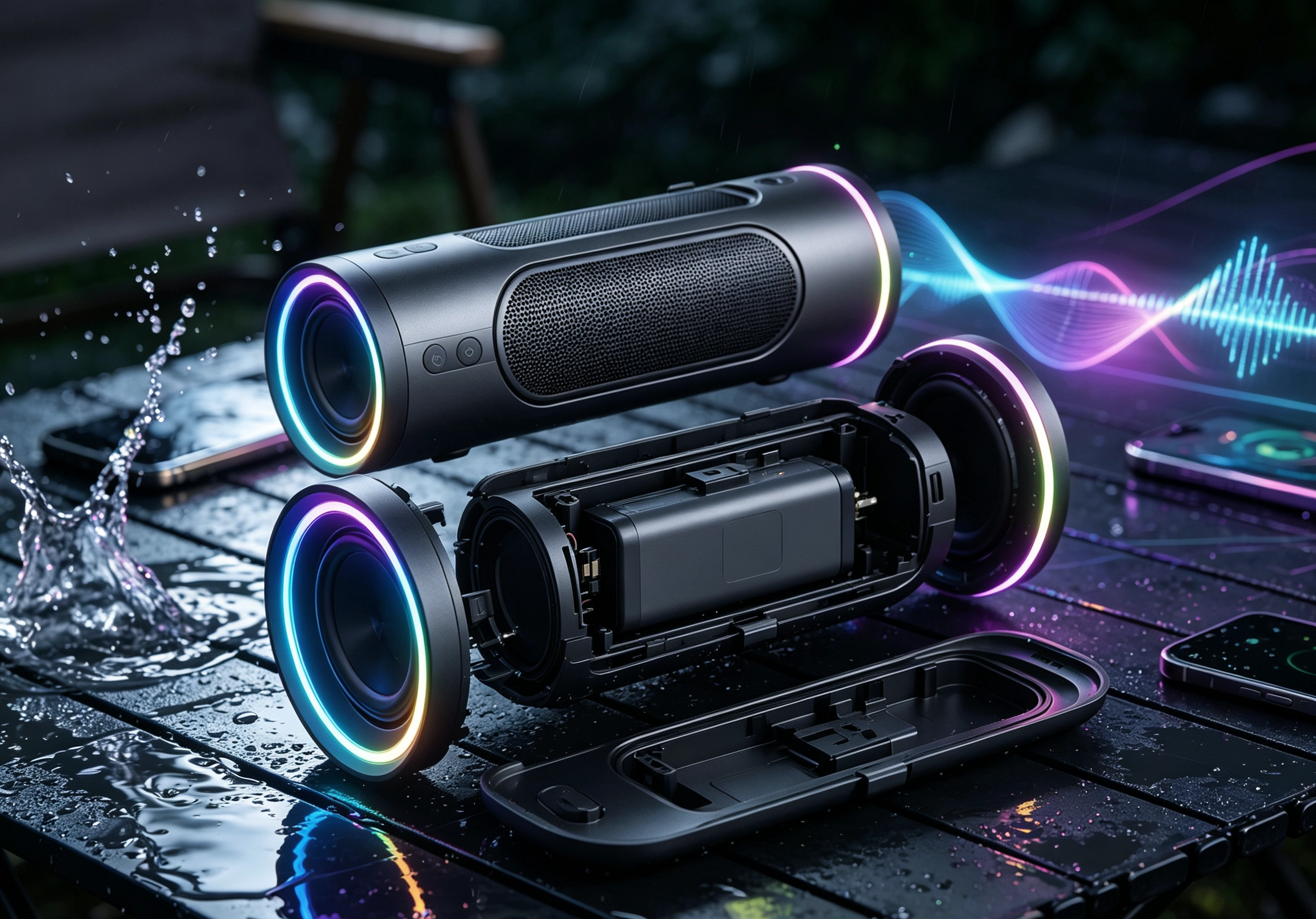 Outdoor showcase of BETRUE detachable modular waterproof Bluetooth speaker with RGB lights, updated CE compliant audio OEM manufacturer