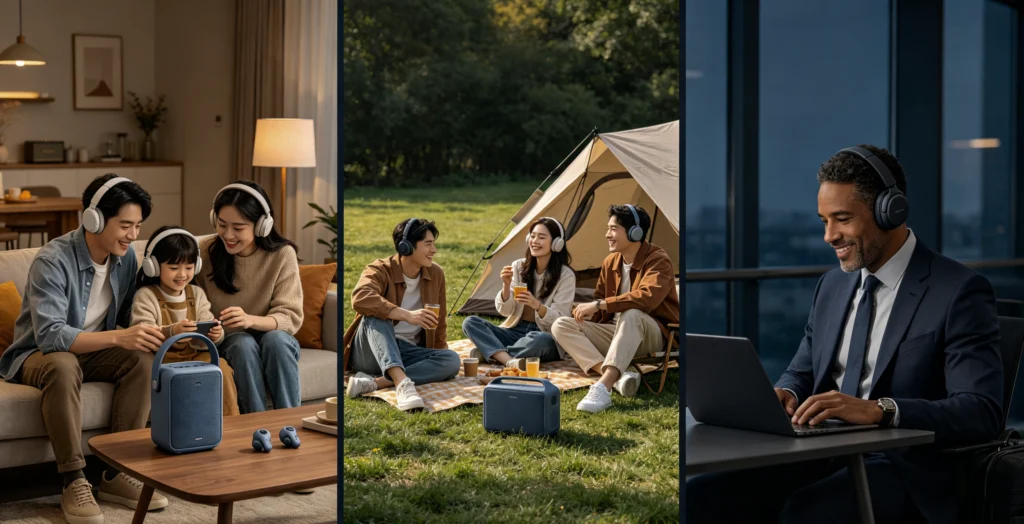 lifestyle brand‑story featured image, family sharing audio at home, group playing music outdoors, user using audio devices across work, travel and personal environments