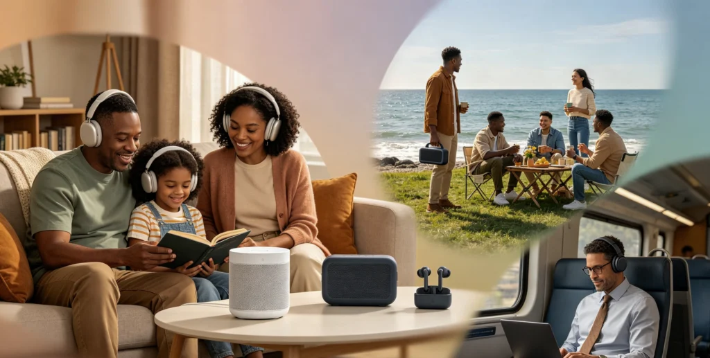 users lifestyle header image, three audio use scenarios: family sharing audio at home, group enjoying outdoor music, user using audio devices for work, travel and personal life