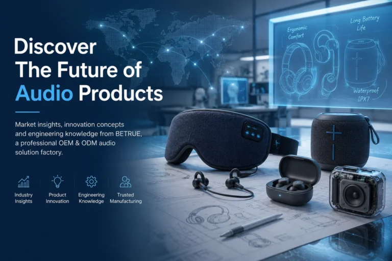 BETRUE audio product innovation concept with speakers, sleep mask and earbuds in a technology lab
