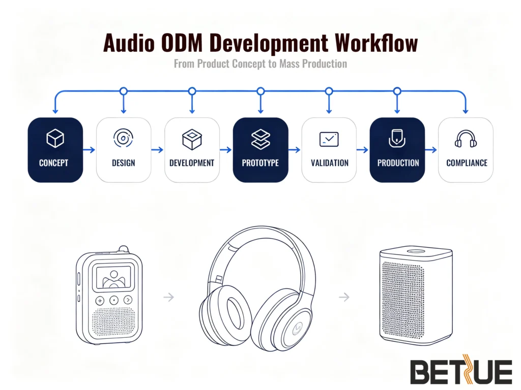 Audio ODM development workflow infographic, from product concept to mass production for children audio player