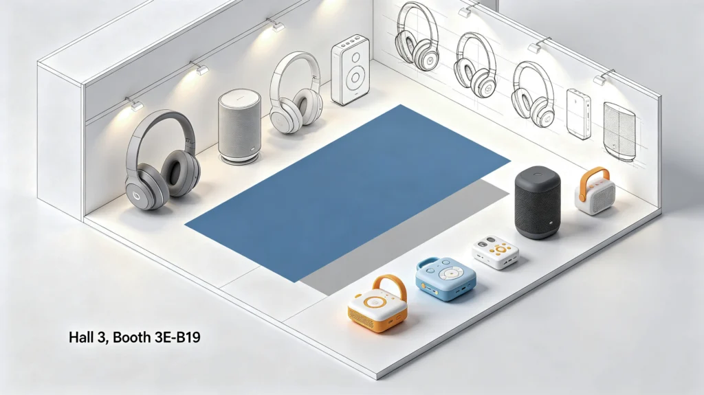 Isometric render of BETRUE exhibition booth Hall 3 Booth 3E‑B19 with audio hardware display