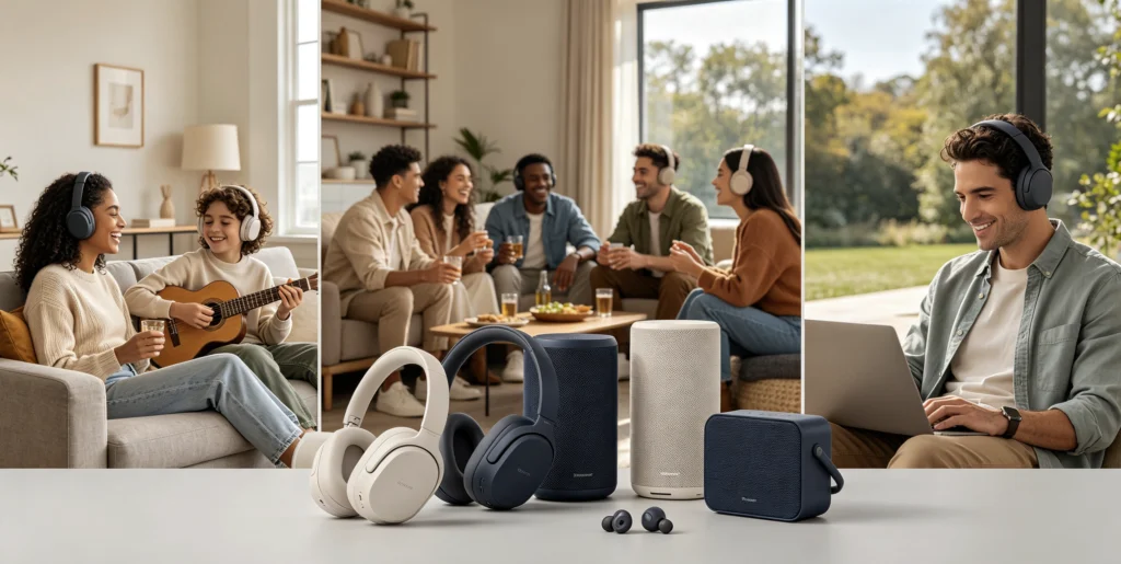 Users lifestyle featured image, family sharing audio at home, group enjoying music outdoors, user switching between work, travel and personal spaces with audio devices
