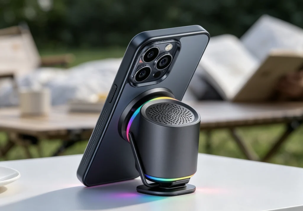 Compact magnetic phone stand speaker with colorful RGB lighting on a desk